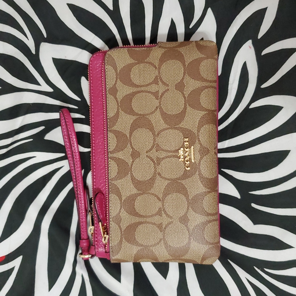 Coach Double Zip Pink & Brown Signature Leather Wallet Wristlet
